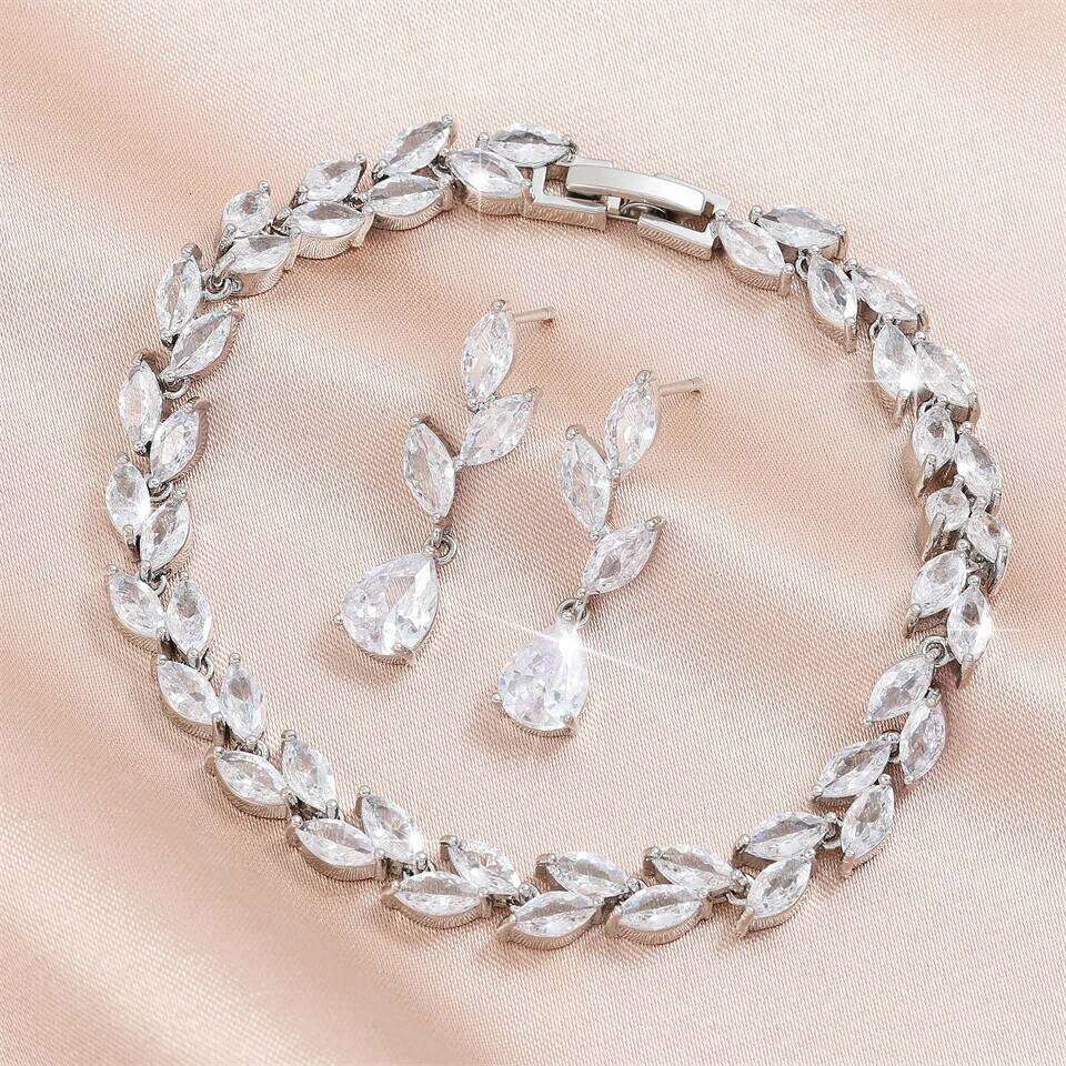 ZAKOL Brand Leaf Marquise Zircon Charm Bracelet Water Drop CZ Earrings Luxury Wedding Jewelry Set Gift For Women