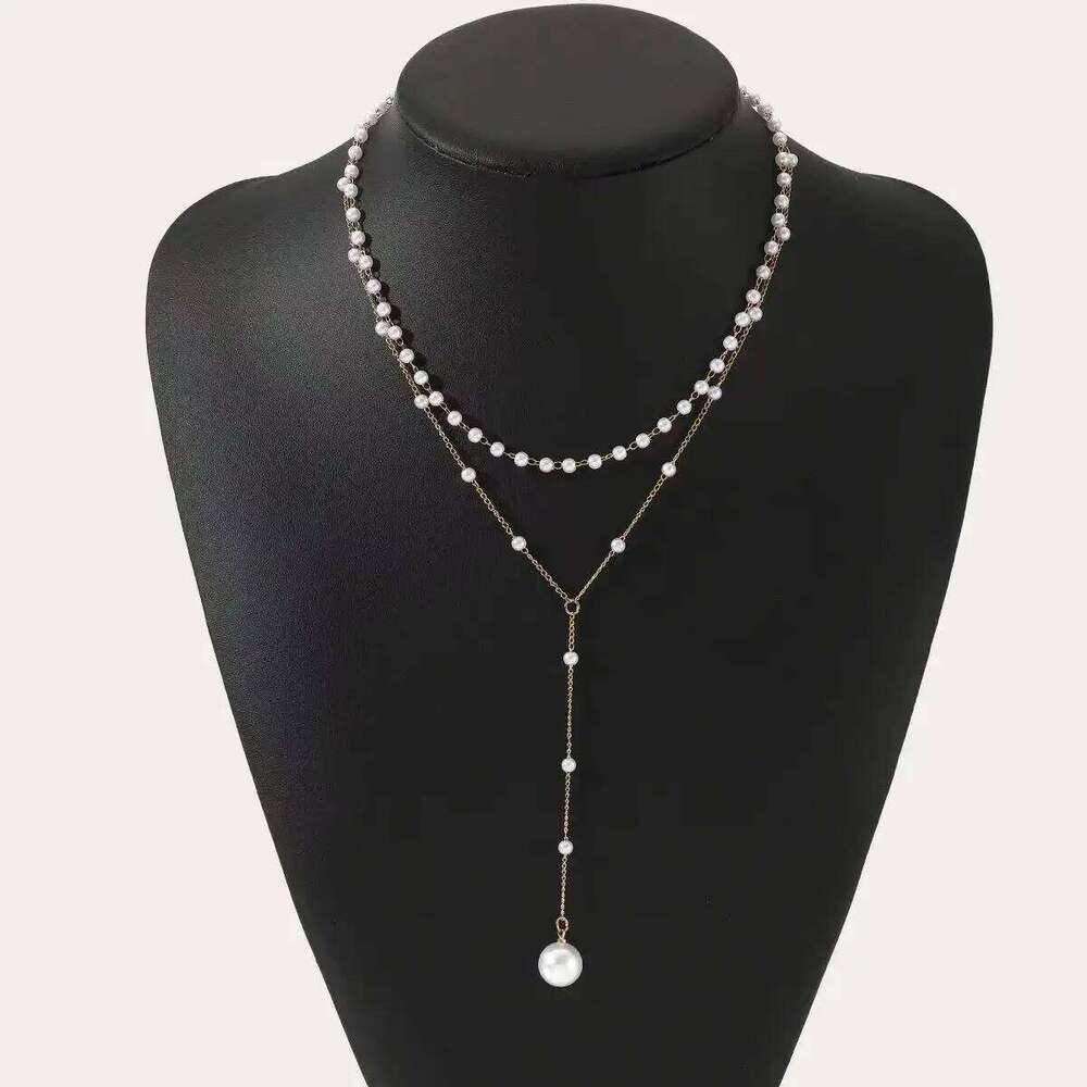 European and American Double-layer Imitation Pearl Pendant Necklace Sexy Round Beads Collarbone Chain For Womens Jewelry