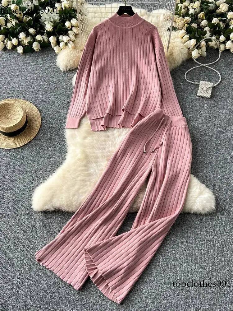 Autumn Winter Sweater Two Piece Set Women High Neck Pullover Loose Long Sleeved Knit Top+high Waist Wide Leg Casual Pants Outfit
