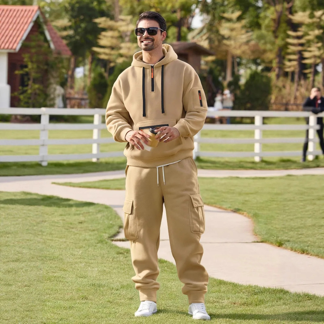 Fleece-lined Hooded Workwear Mens Suit Running Workout Two Piece Sets Autumn Multi-pockets Tracksuit Men 251215