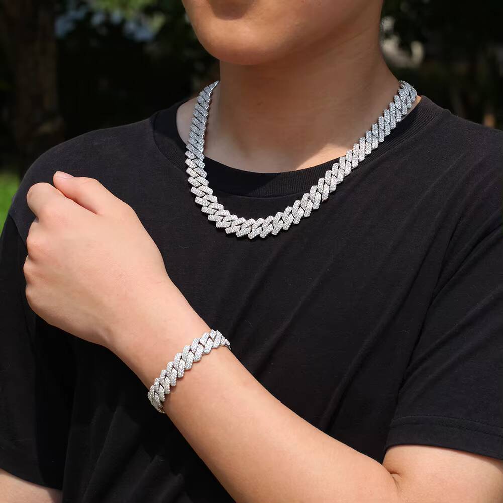 Best Selling 13mm Cuban Link Chain White Gold Chokers Necklace Bracelet Jewelry Hiphop Iced Prong Micro Trendy Geometric D color vvs moissanite