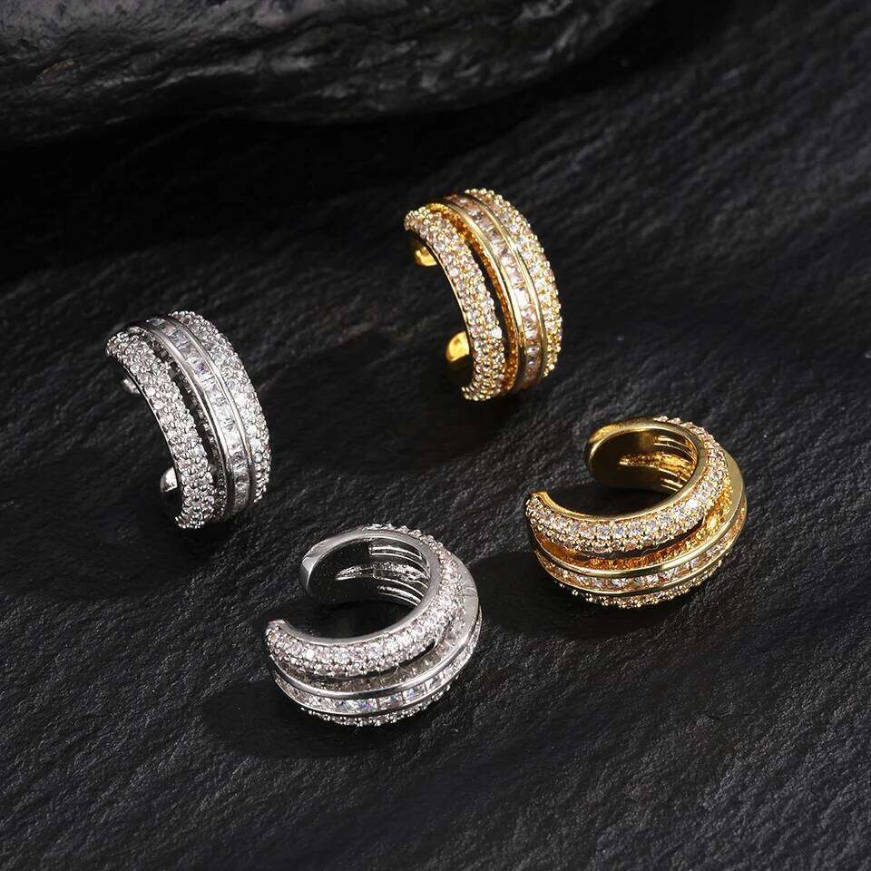 ZAKOL Luxury Chunky Shiny Crystal CZ Ear Clip Earring Fashion Iced Out Zircon Circle Hip Hop Jewelry For Women Men