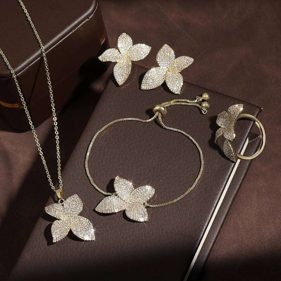 ZAKOL Luxury Micro Pave Setting Cubic Zirconia Leaf Earrings Ring Bracelet Necklace Gorgeous Dubai Jewelry Set For Dinner Party