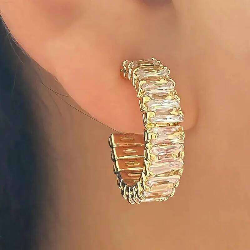 New Geometric Rectangle Zircon Anti Allergy Stud Earrings For Women Fashion Gold Color Circle Shape Party Jewelry