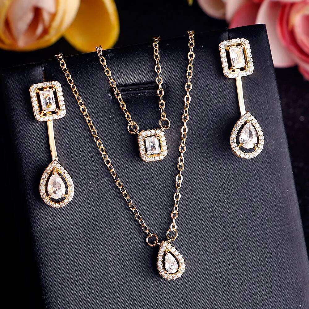 ZAKOL Classic Square Teardrop Shaped Zircon Double Pendant Necklace Earrings For Women Fashion Saudi Wedding Party Jewelry
