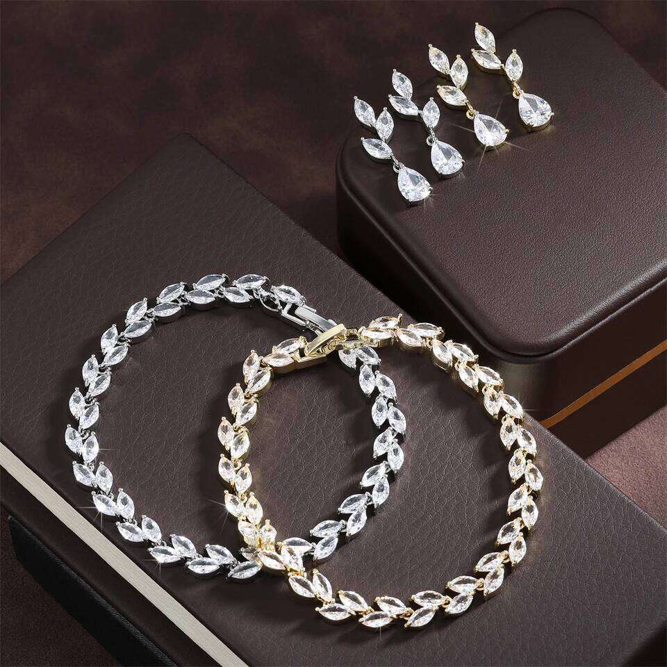 ZAKOL Brand Leaf Marquise Zircon Charm Bracelet Water Drop CZ Earrings Luxury Wedding Jewelry Set Gift For Women