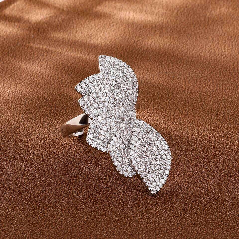ZAKOL Classic Micro Paved Zirconia Three-dimensional Leaf Flower Open Rings for Women Exaggerated Fashion Wedding Party Jewelry