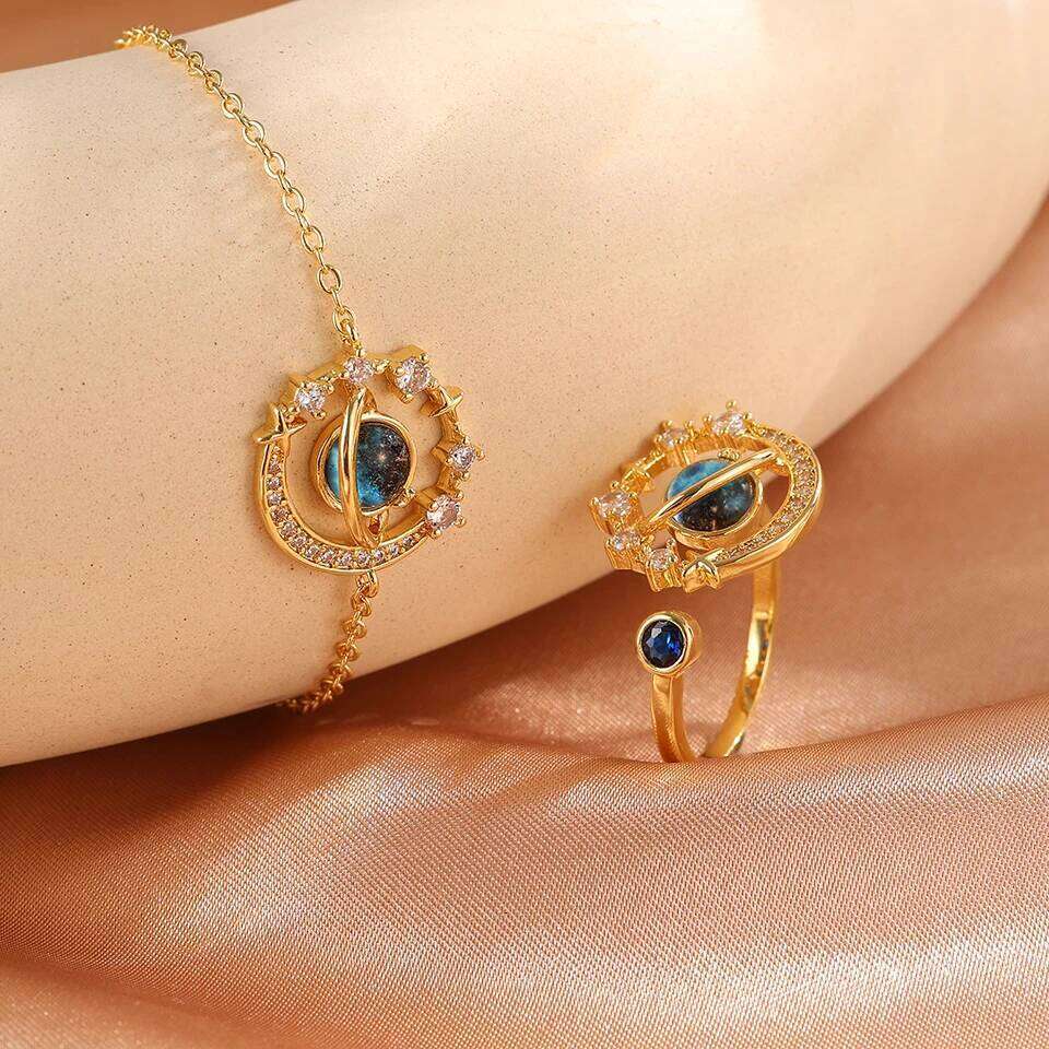 ZAKOL Two-piece Blue Space Planet Moon Titanium Steel Bracelet Ring Set for Women Exquisite Shiny Zircon Party Jewelry