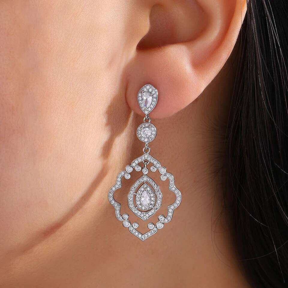 ZAKOL Classic Luxury Hollow geometric Shiny Zircon Pendant Earrings With Gift Box Sliver Color Bride Wedding Party Jewelry Set