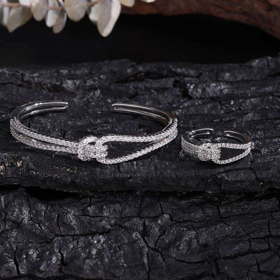 ZAKOL Classic Knotted Niche Design Micro-Inlaid Zircon Open Bracelet Ring for Women Exquisite Wedding Party Jewelry