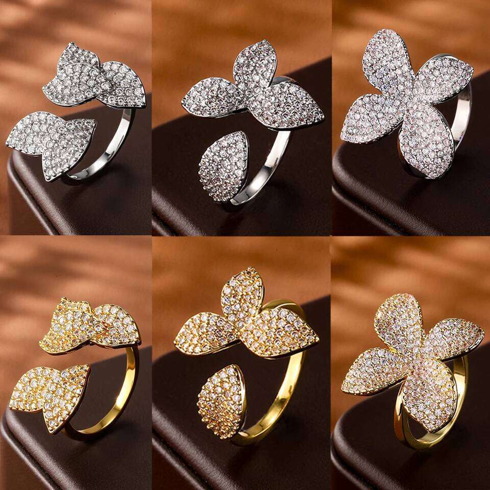 ZAKOL Classic Micro-inlaid Zirconia Leaf Flower Open Rings for Women Sliver/Gold Color Engagement Wedding Party Jewelry