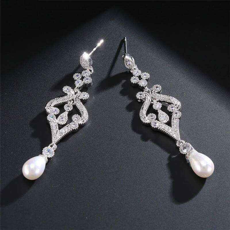 ZAKOL Elegant Simulated Pearl CZ Bridal Long Drop Earrings Fashion Engagement Wedding Jewelry Gifts for Women