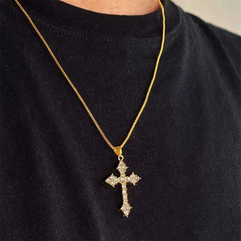 Personalized Fashion Multicolor Crystal Zirconia Cross Pendant Necklace Gold Color Chain Necklaces Unisex Party Jewelry