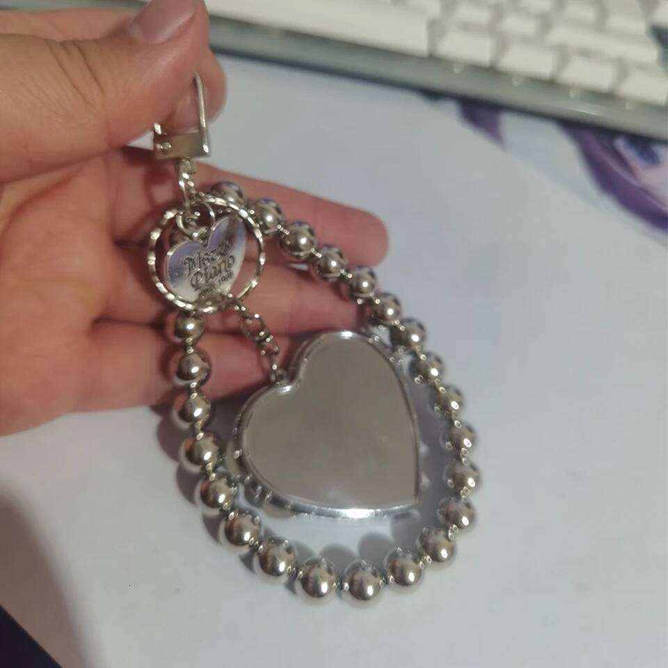 ZAKOL New Y2k Style Silver Color Beads KeyChain with Heart Shaped Mirror Korean Fashion Handbag Ornament Accessories Gift