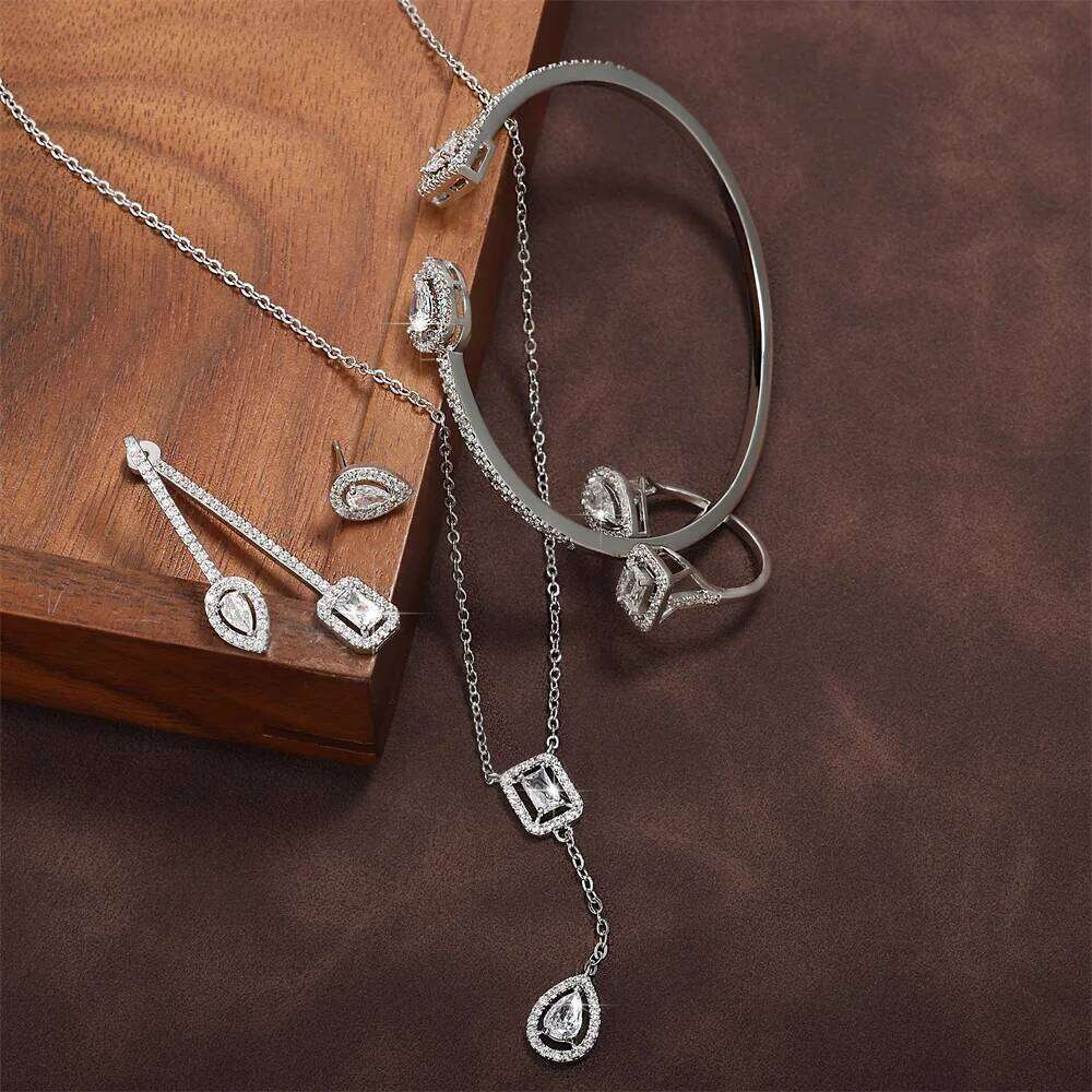 ZAKOL 4 Pcs Wedding Jewelry Set Classic Geometric Water Drop Square Shiny Zirconia Earring Necklace Bangle Bridal Accessories