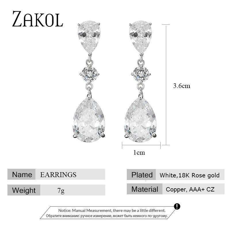ZAKOL Shinny Zircon Teardrop Dangle Earring for Women Fashion White Gold Color Bridal Earrings Wedding Jewelry