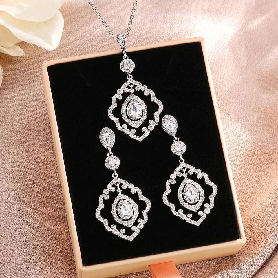ZAKOL Classic Luxury Hollow geometric Shiny Zircon Pendant Earrings With Gift Box Sliver Color Bride Wedding Party Jewelry Set
