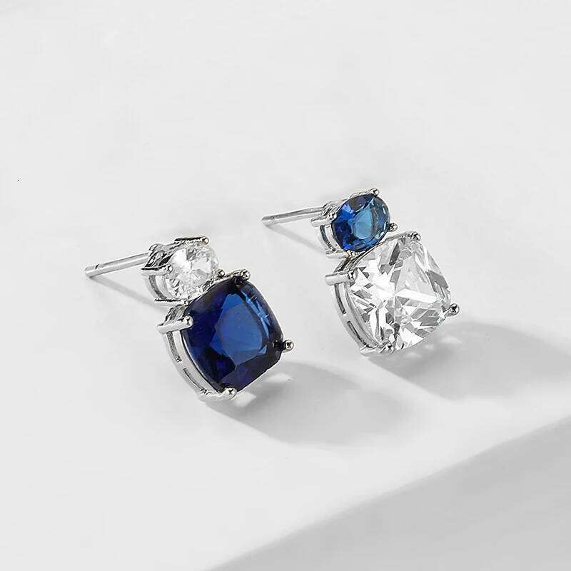 ZAKOL Exquisite Round Square Blue Zircon Stone Asymmetric Stud Earrings for Women Simple Couple Jewelry Gift Wholesale