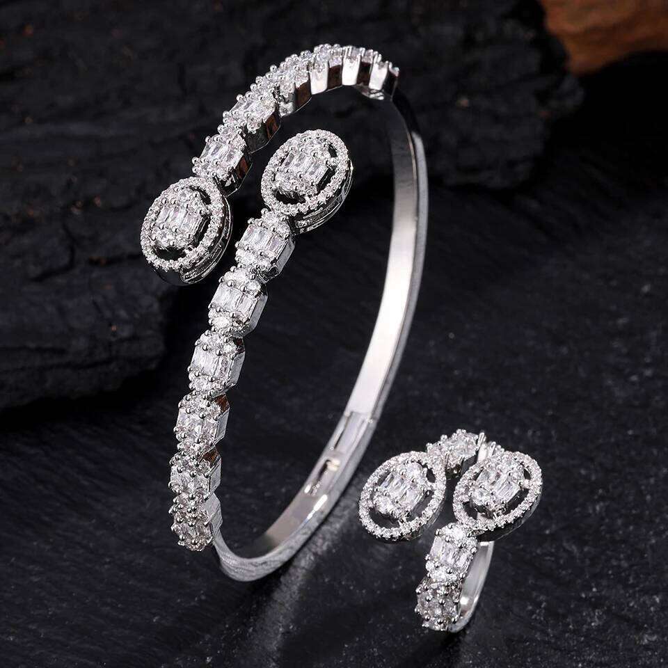 ZAKOL 9 Styles Slivery Open Bracelet Ring Set Luxury Shiny Zircon Middle East Trendy Jewelry for Women Gift