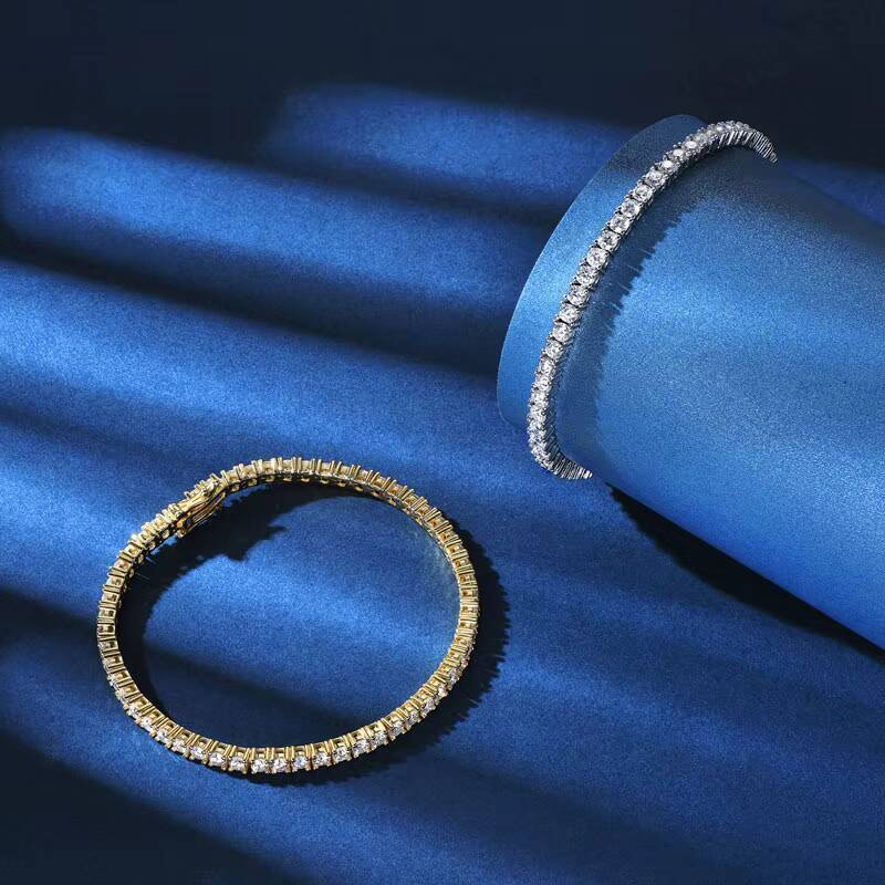 Hip Hop Men Jewelry White 14k Gold Plated 925 Sterling Silver Cluster Moissanite 3mm Tennis Chain Bracelet for Women