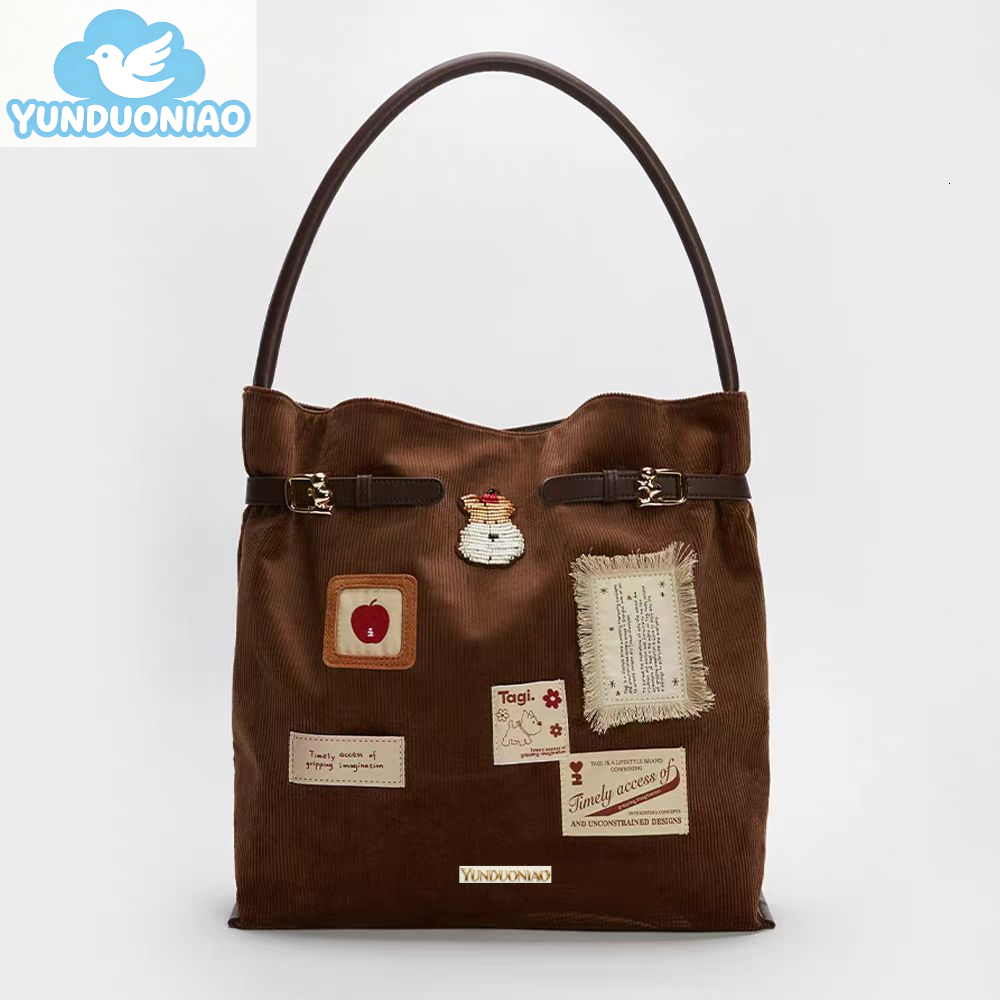 Fashionable new color block suede retro corduroy large capacity commuting handbag shoulder bag fashionable women's bag