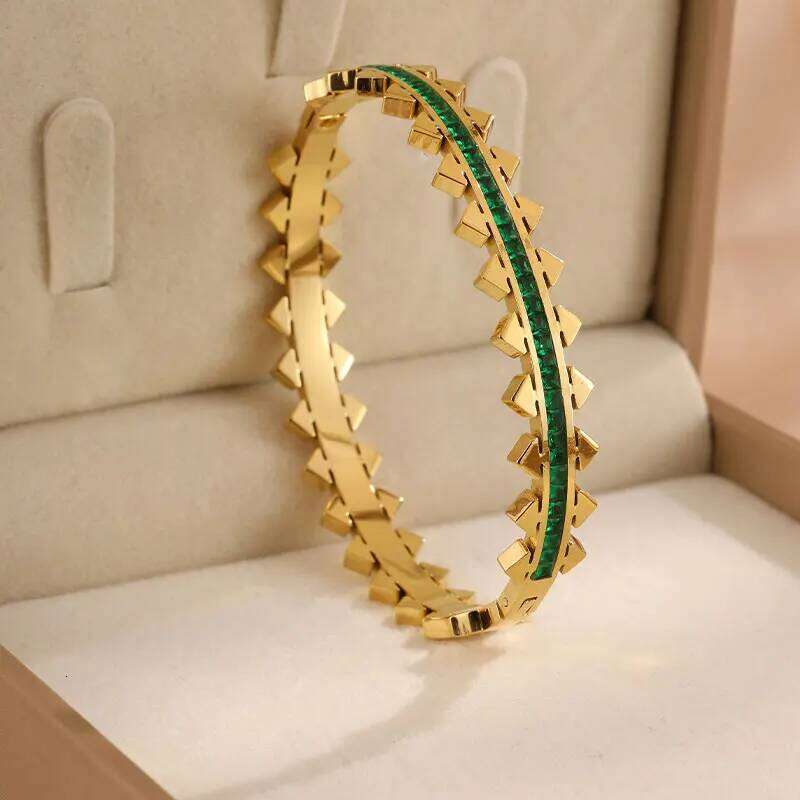 ZAKOL Fashion Stainless Steel Triangular Square Green Zircon Bracelet Suitable For Women Party Daily Wear Jewelry Gift