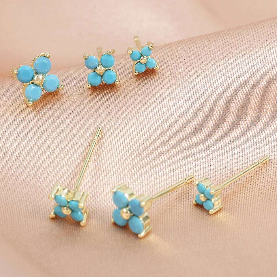 ZAKOL New 6 Pcs Turquoise Small Flower CZ Stud Earrings for Women Girls Charming Shiny Zircon Party Jewelry Gift