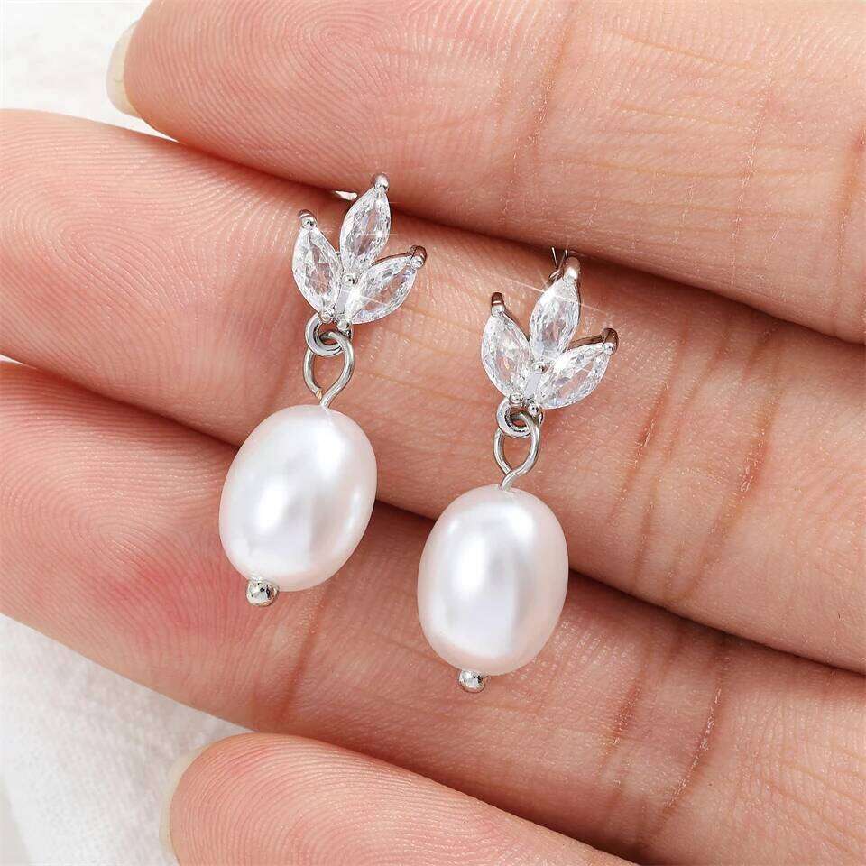 ZAKOL Fashion Leaf Shiny Zircon Pearl Drop Earring Necklaces Sets for Women Charming Wedding Jewelry Gift