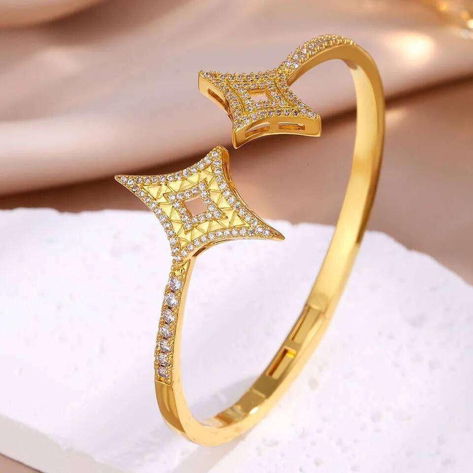 ZAKOL Four-Pointed Star Adjustable Open Bracelet Elegant Statement Sparkling Zirconia Jewelry for Women Wedding Party