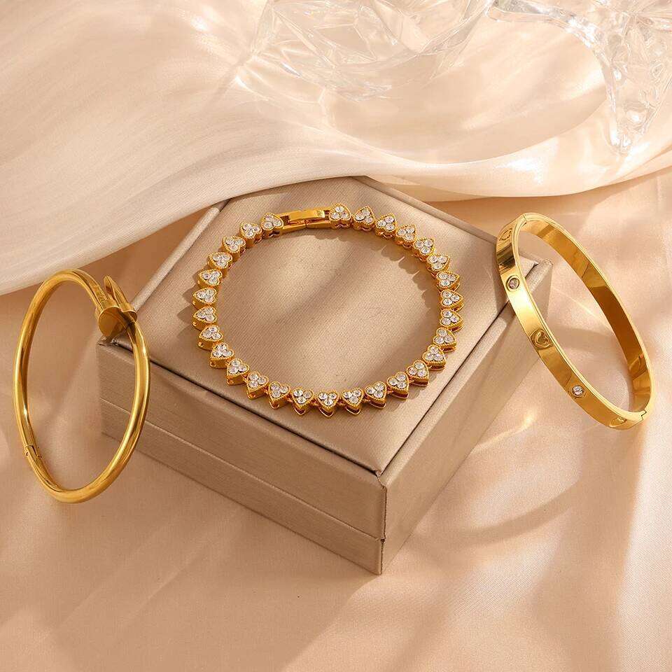 ZAKOL 3Pcs/Set Shiny Heart-shaped Rhinestone Stainless Steel Bracelet Hip-hop Rock Fashion Stackable Bangles Jewelry