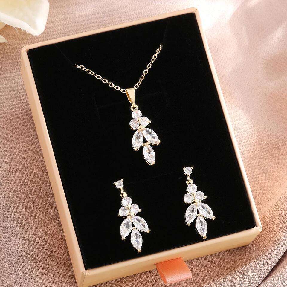 ZAKOL Classic Marique Leaf AAA Zircon Earrings Necklace Wedding Set With Pink Box Birthday Christmas Jewelry Gift