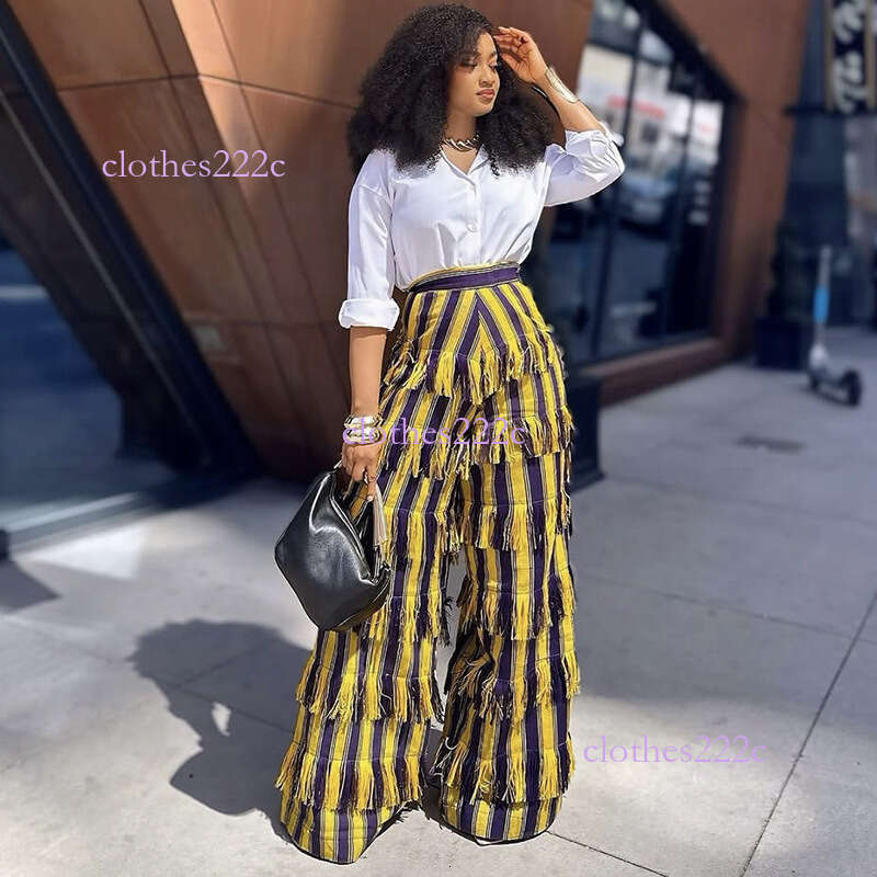 Women's New Fashion Striped Tassel Slim Fit Color-Block Wide-Leg Long Casual Pants Luanyun
