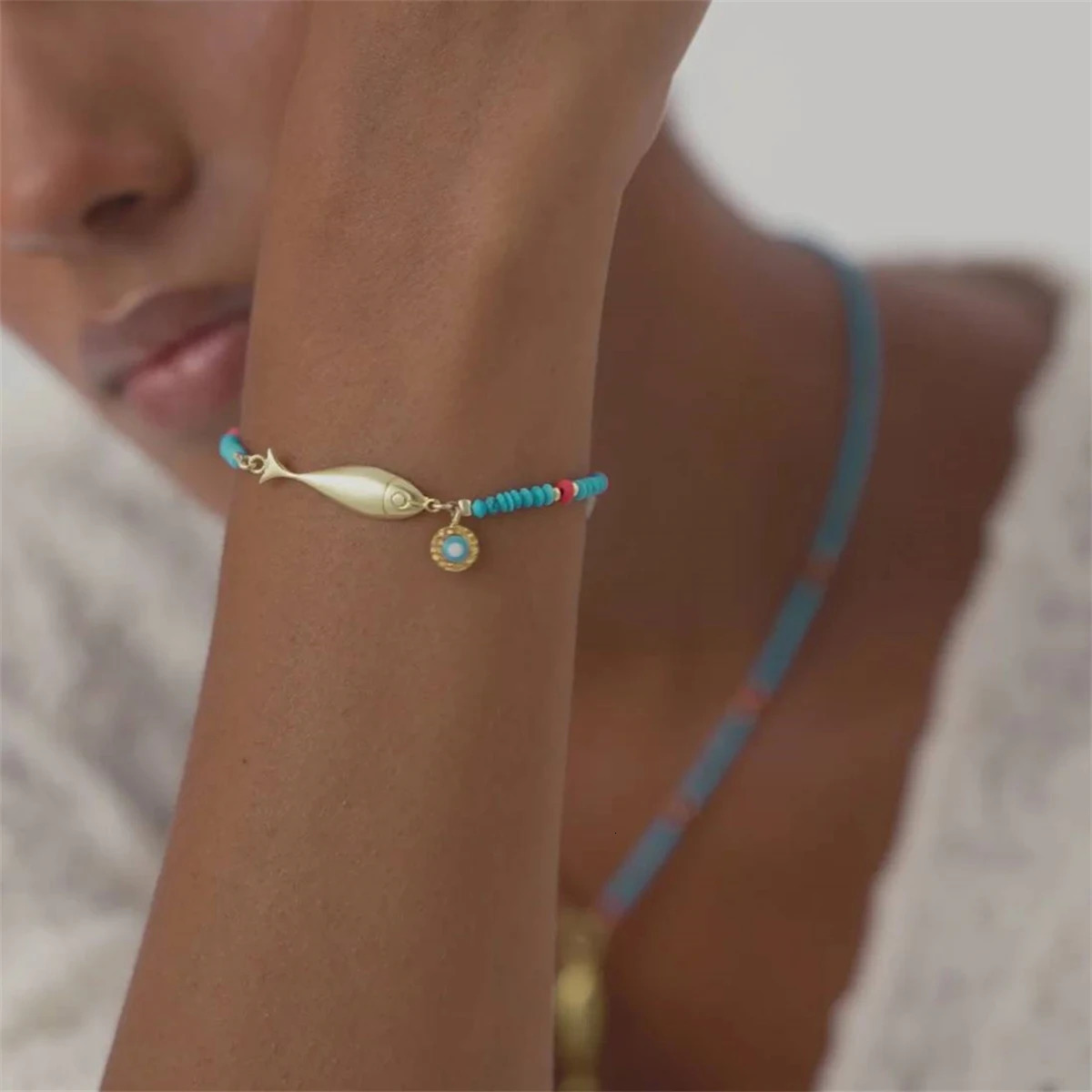 Stainless steel colored bead goldfish pendant bracelet necklace set with gold plating and color preservation 251223