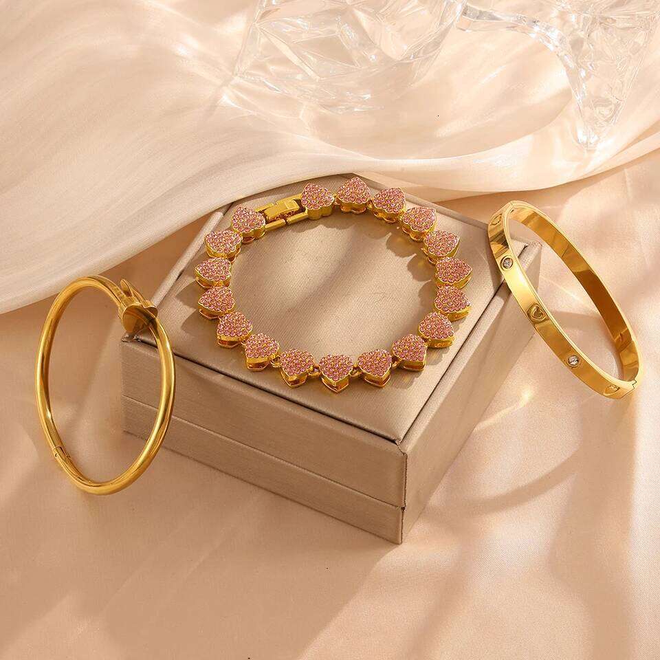 ZAKOL 3Pcs/Set Pink Rhinestone Hip-hop Bracelet Set Unisex Heart Charm Stainless Steel Stackable Jewelry