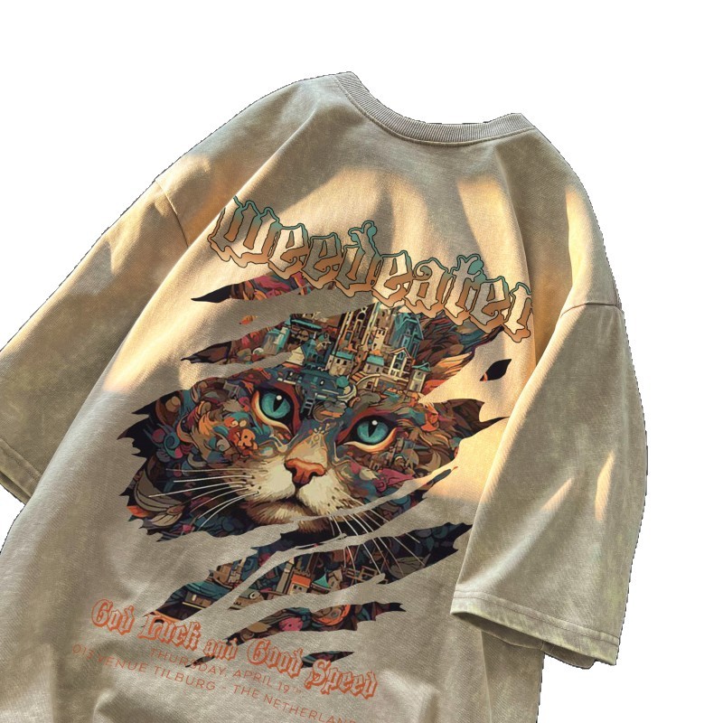 2026 Summer New American Style Washed Short Sleeve T-shirt for Men. Trendy Brand, Cat Print, Loose Fit, Couples' Style.