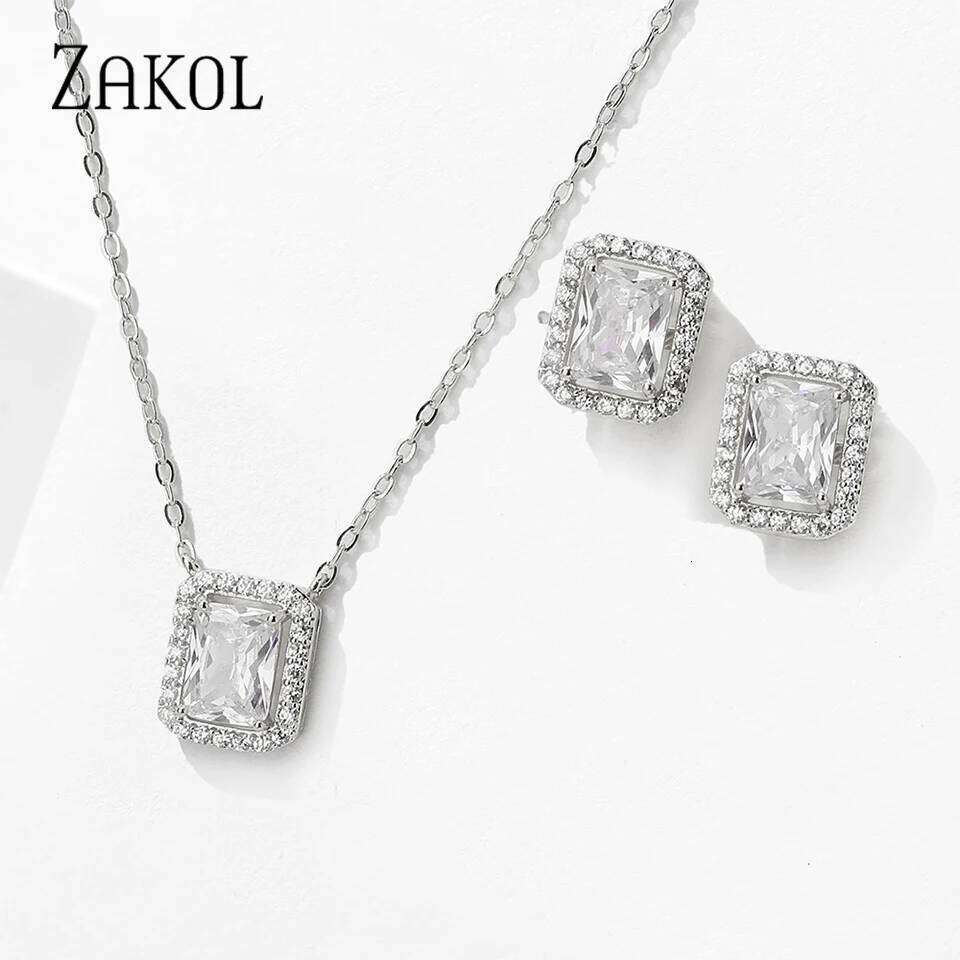 ZAKOL Simple Rectangle Heart Shaped Zircon Earrings Necklace Jewelry Set for Women Shiny Cubic Zirconia Party Accessories Gift