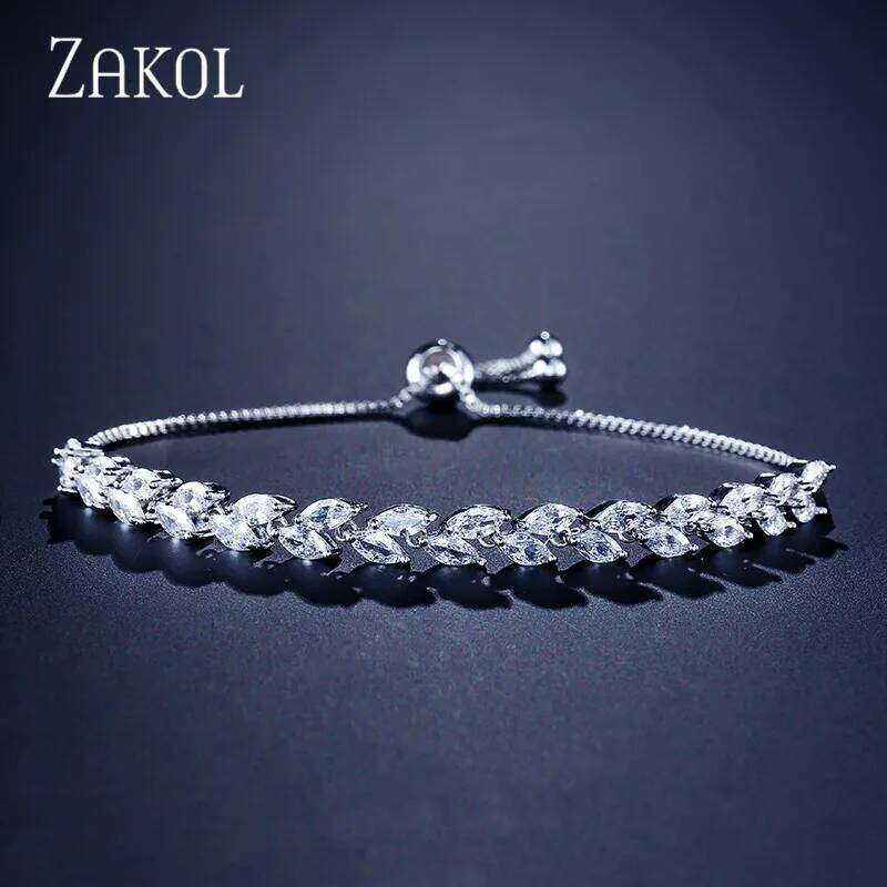 ZAKOL Trendy Cubic Zirconia Leaf Bridal Bracelets Bangle for Women White Color Crystal Adjustable Bracelet Wedding Jewelry