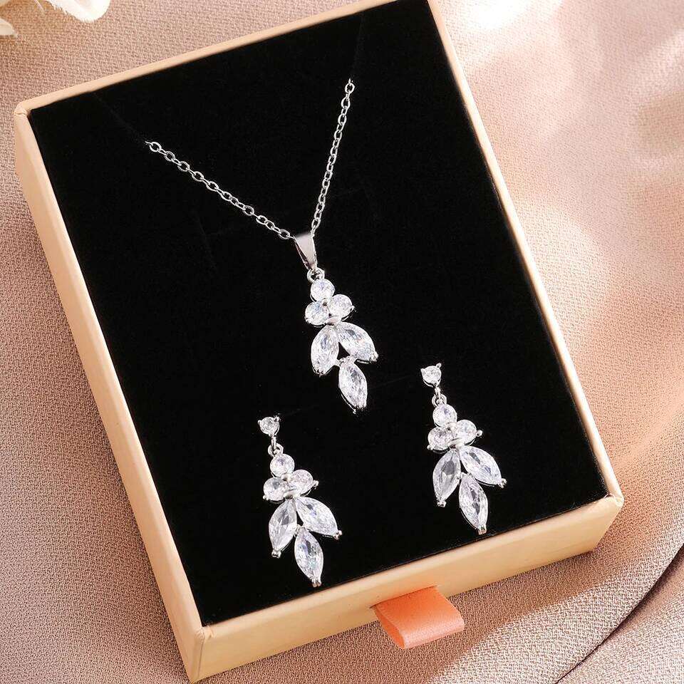 ZAKOL Classic Marique Leaf AAA Zircon Earrings Necklace Wedding Set With Pink Box Birthday Christmas Jewelry Gift