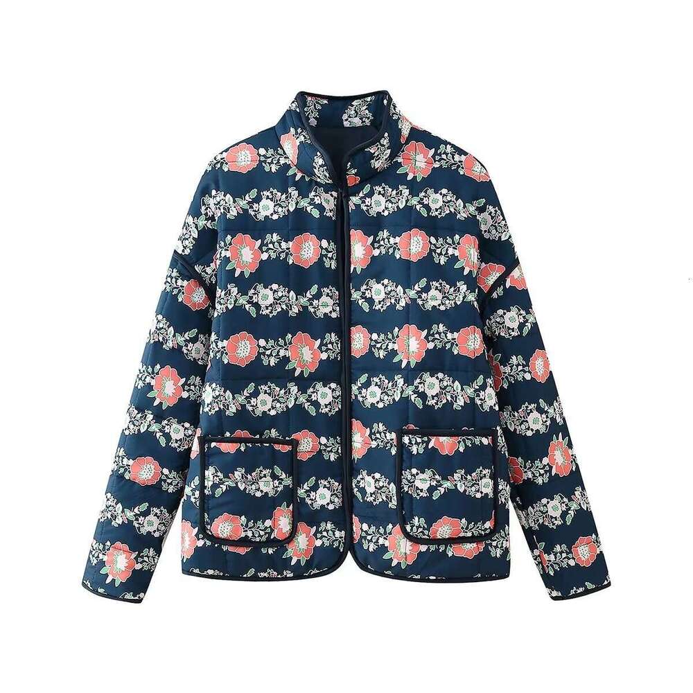 Foreign Trade European and American Women's Fashion Autumn Winter 11 Colors Thin Cotton Jacket Printed Stand Collar Double Pocket Loose Coat for 
