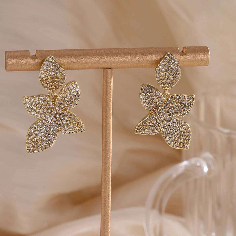 ZAKOL Brand New Micro Paved AAA Zirconia Big Leaf Flower Earrings for Women Luxury Elegant Wedding Jewelry