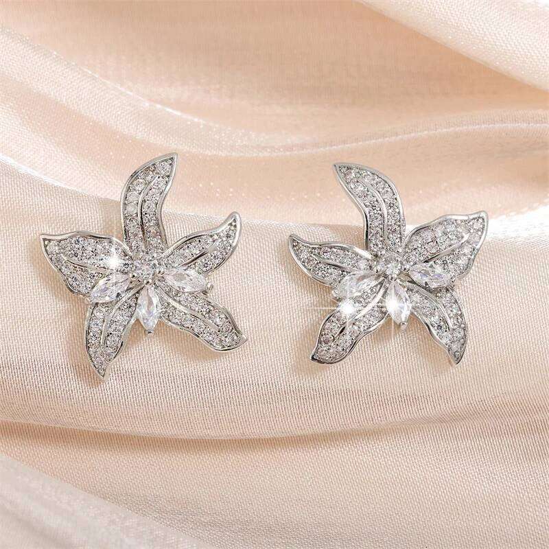 ZAKOL Sliver Color Shiny Tiny Zircon Starfish Lily Flower Shape Stud Earrings Luxury Bridal Wedding Jewelry for Women