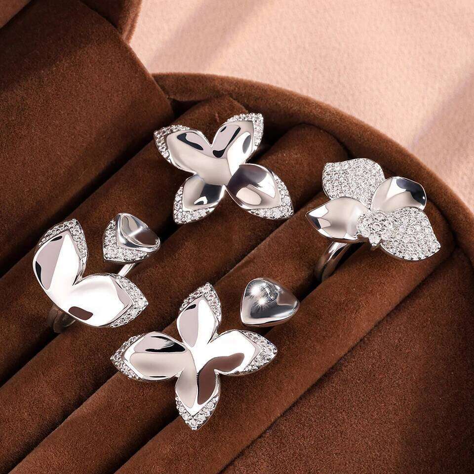ZAKOL Smooth Metal Shiny Zircon Inlaid Leaf Flower Open Rings for Women Elegant Wedding Party Jewelry Accessories