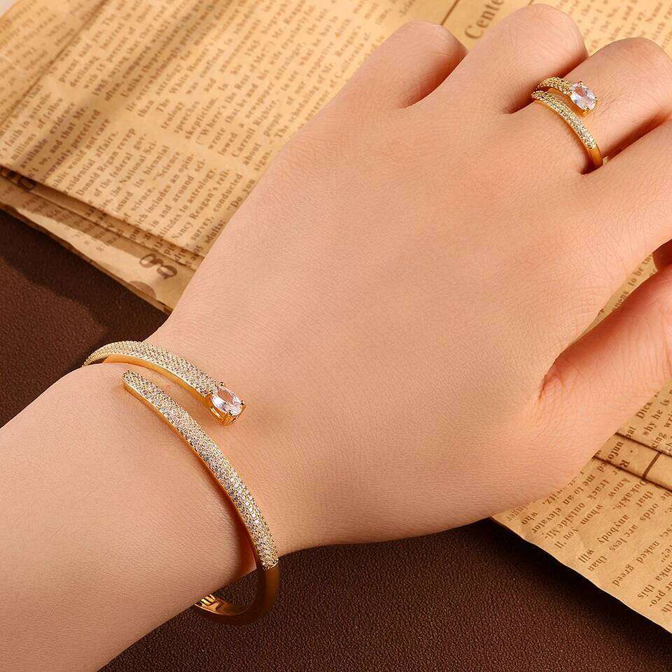 ZAKOL Trendy Elliptical Zircon Head Nail Shaped Open Bracelet Ring Set Saudi Arabia's Fashion Wedding Party Jewelry Accessory