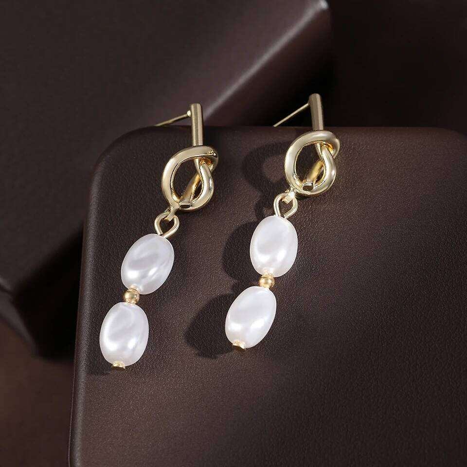 ZAKOL Golden Knotted Metal Imitation Pearl Pendant Earrings for Women Elegant Party Jewelry Holiday Gift