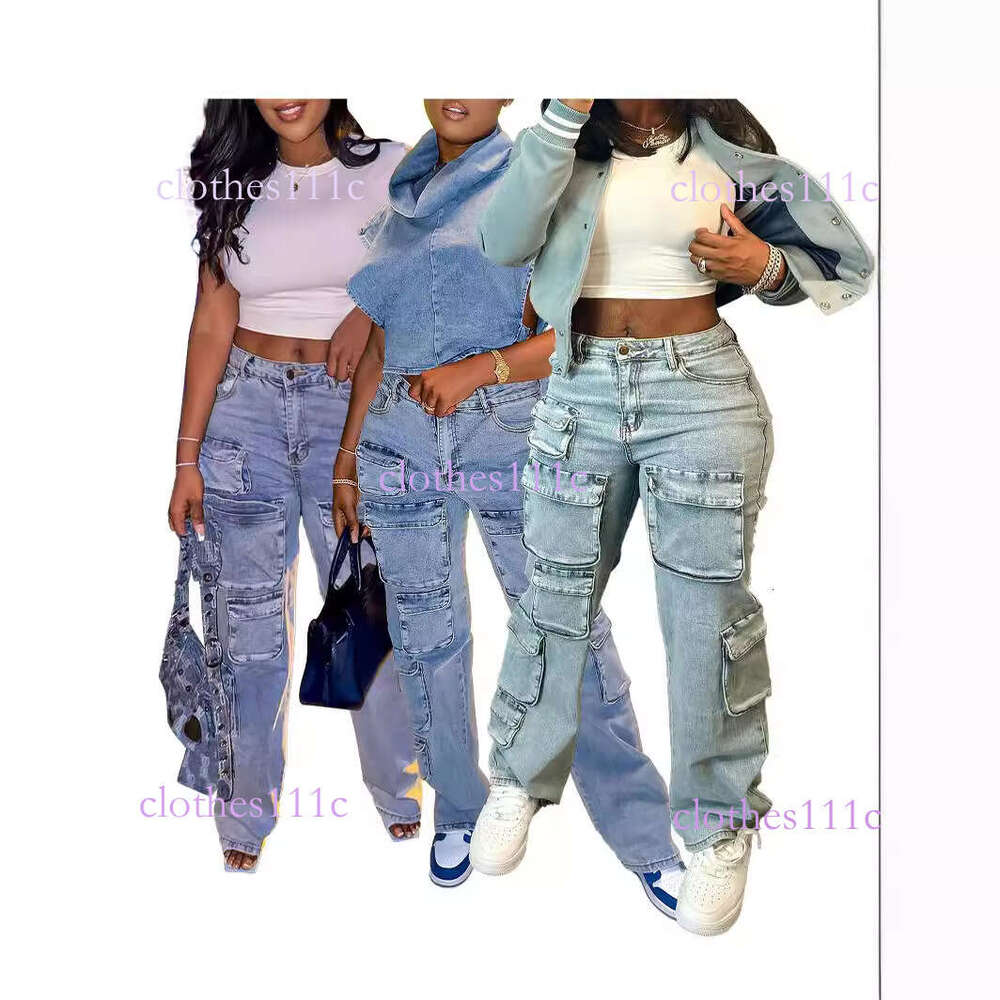 New European And American Women's Fashion Sexy Street Trendy Three-Dimensional Multi-Pocket Cargo Style High Elasticity Denim Straight-Leg Pants 
