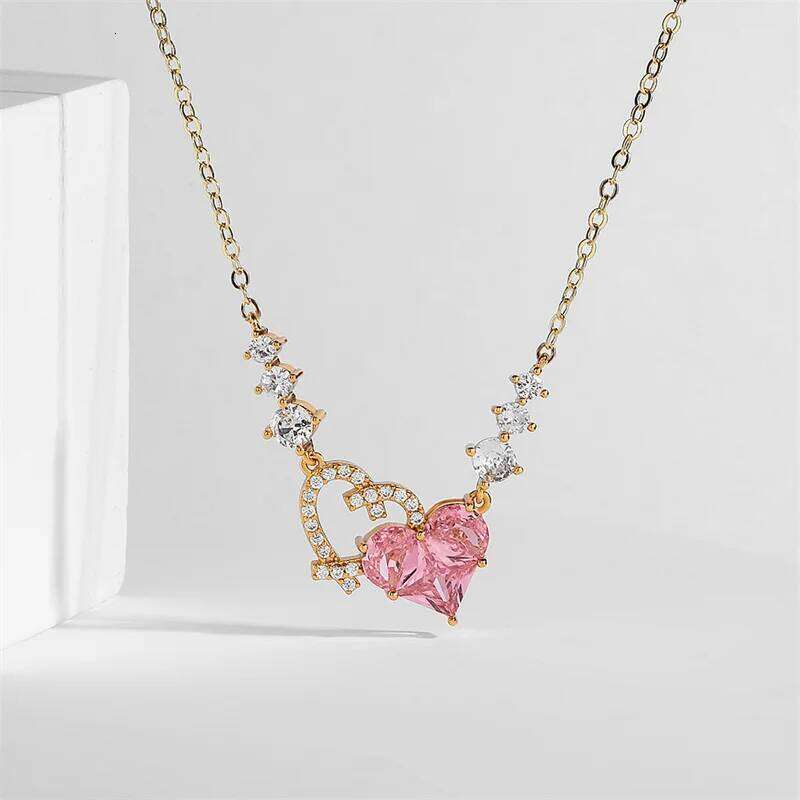 ZAKOL 2024 New Romantic Pink Zircon Pendant Geometric Heart Shaped Flowers Titanium Steel Chain Choker Necklace Gift