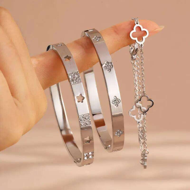 ZAKOL 3 Piece Hollow Lucky Clover Flower Bracelet Set for Women Fashion Stainless Steel Shiny Zircon Charm Party Jewelry Gift