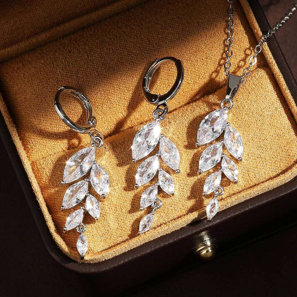ZAKOL Classic AAA Zircon Leaf Earring Necklace Box 3 Pcs Sets for Women Luxury Birthday Jewelry Set Gift