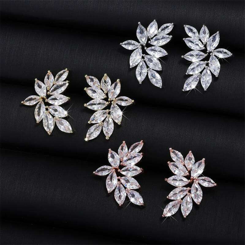 ZAKOL Fashion Sliver Color Leaf Cubic Zircon Stud Earrings for Women Shinny Crystal Flower Earring Jewelry