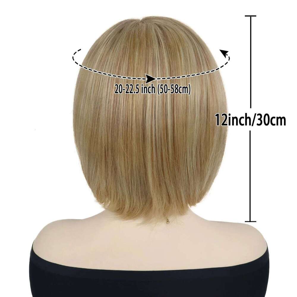Synthetic Mix Blonde Bob with Bangs Short Straight Wigs for Women Natural Looking Daily Casual Party Mom Wig Heat Resistant